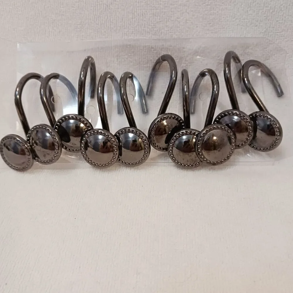 10 Shower‎ Curtain Hooks LUXE Decor Button Style Polished Gunmetal Dark PRETTY!